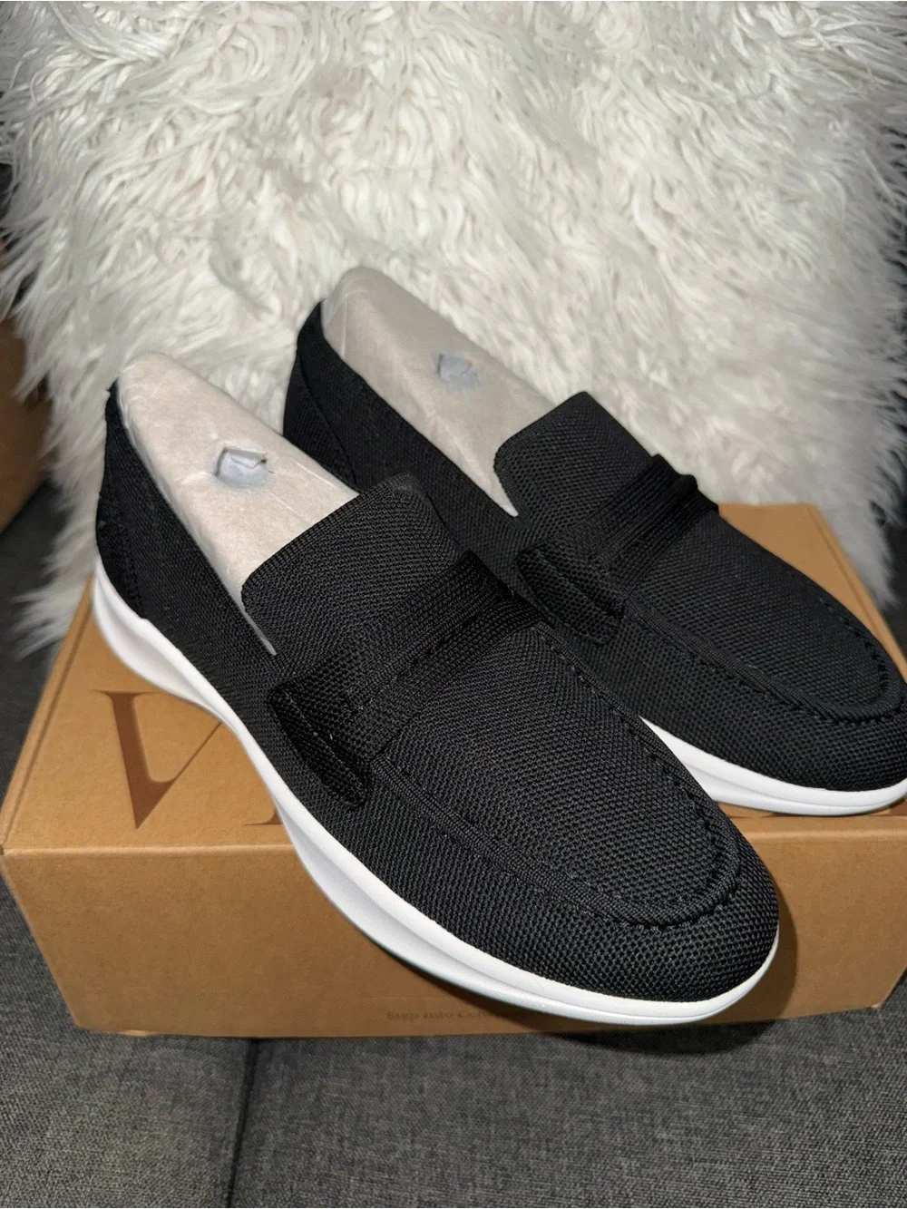 Men's Black Slip-On Knit Loafers with White Sole